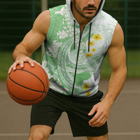 Green Hawaii Shark Tattoo Sleeveless Zip Hoodie Puakenikeni Lei Plumeria Polynesian Pattern