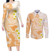 Orange Hawaii Shark Tattoo Couples Matching Long Sleeve Bodycon Dress and Long Sleeve Button Shirt Puakenikeni Lei Plumeria Polynesian Pattern LT14 Orange - Polynesian Pride