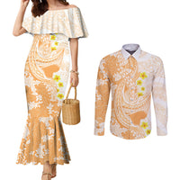 Orange Hawaii Shark Tattoo Couples Matching Mermaid Dress and Long Sleeve Button Shirt Puakenikeni Lei Plumeria Polynesian Pattern