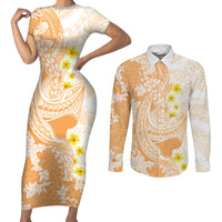 Orange Hawaii Shark Tattoo Couples Matching Short Sleeve Bodycon Dress and Long Sleeve Button Shirt Puakenikeni Lei Plumeria Polynesian Pattern LT14 Orange - Polynesian Pride