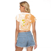Orange Hawaii Shark Tattoo Raglan Cropped T Shirt Puakenikeni Lei Plumeria Polynesian Pattern LT14 - Polynesian Pride