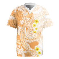 Orange Hawaii Shark Tattoo Rugby Jersey Puakenikeni Lei Plumeria Polynesian Pattern