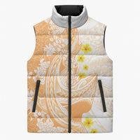 Orange Hawaii Shark Tattoo Sleeveless Puffer Jacket Puakenikeni Lei Plumeria Polynesian Pattern