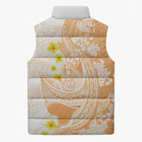 Orange Hawaii Shark Tattoo Sleeveless Puffer Jacket Puakenikeni Lei Plumeria Polynesian Pattern