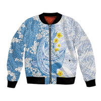 Blue Hawaii Shark Tattoo Bomber Jacket Puakenikeni Lei Plumeria Polynesian Pattern