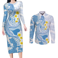 Blue Hawaii Shark Tattoo Couples Matching Long Sleeve Bodycon Dress and Long Sleeve Button Shirt Puakenikeni Lei Plumeria Polynesian Pattern LT14 Blue - Polynesian Pride
