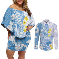 Blue Hawaii Shark Tattoo Couples Matching Off Shoulder Short Dress and Long Sleeve Button Shirt Puakenikeni Lei Plumeria Polynesian Pattern LT14 Blue - Polynesian Pride