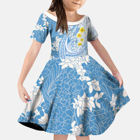 Blue Hawaii Shark Tattoo Kid Short Sleeve Dress Puakenikeni Lei Plumeria Polynesian Pattern