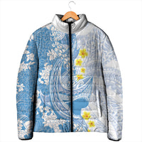 Blue Hawaii Shark Tattoo Padded Jacket Puakenikeni Lei Plumeria Polynesian Pattern