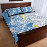Blue Hawaii Shark Tattoo Quilt Bed Set Puakenikeni Lei Plumeria Polynesian Pattern