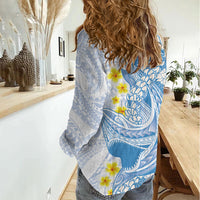 Blue Hawaii Shark Tattoo Women Casual Shirt Puakenikeni Lei Plumeria Polynesian Pattern