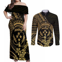 Gold Kosrae Liberation Day Couples Matching Off Shoulder Maxi Dress and Long Sleeve Button Shirt September 8 Polynesian Tattoo - Polynesian Pride
