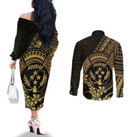 Gold Kosrae Liberation Day Couples Matching Off The Shoulder Long Sleeve Dress and Long Sleeve Button Shirt September 8 Polynesian Tattoo - Polynesian Pride