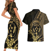 Gold Kosrae Liberation Day Couples Matching Short Sleeve Bodycon Dress and Hawaiian Shirt September 8 Polynesian Tattoo - Polynesian Pride