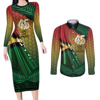 Personalised Long Live Vanuatu Independence Day Couples Matching Long Sleeve Bodycon Dress and Long Sleeve Button Shirt 46th Anniversary Woven Pattern LT14 Reggae - Polynesian Pride