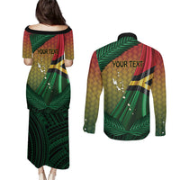 Personalised Long Live Vanuatu Independence Day Couples Matching Puletasi and Long Sleeve Button Shirt 45th Anniversary Woven Pattern - Polynesian Pride