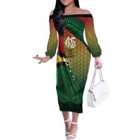 Personalised Long Live Vanuatu Independence Day Family Matching Off The Shoulder Long Sleeve Dress and Hawaiian Shirt 45th Anniversary Woven Pattern LT14 Mom's Dress Reggae - Polynesian Pride