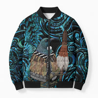 New Zealand Tui Bird Taiaha Bomber Puffer Jacket Maori Weapon Paua Shell Mix Silver Fern