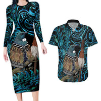 New Zealand Tui Bird Taiaha Couples Matching Long Sleeve Bodycon Dress and Hawaiian Shirt Maori Weapon Paua Shell Mix Silver Fern LT14 Turquoise - Polynesian Pride