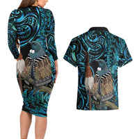 New Zealand Tui Bird Taiaha Couples Matching Long Sleeve Bodycon Dress and Hawaiian Shirt Maori Weapon Paua Shell Mix Silver Fern LT14 - Polynesian Pride