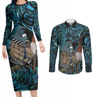 New Zealand Tui Bird Taiaha Couples Matching Long Sleeve Bodycon Dress and Long Sleeve Button Shirt Maori Weapon Paua Shell Mix Silver Fern LT14 Turquoise - Polynesian Pride