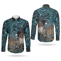 New Zealand Tui Bird Taiaha Couples Matching Long Sleeve Bodycon Dress and Long Sleeve Button Shirt Maori Weapon Paua Shell Mix Silver Fern LT14 - Polynesian Pride