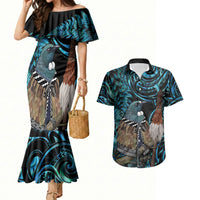 New Zealand Tui Bird Taiaha Couples Matching Mermaid Dress and Hawaiian Shirt Maori Weapon Paua Shell Mix Silver Fern LT14 Turquoise - Polynesian Pride
