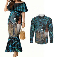 New Zealand Tui Bird Taiaha Couples Matching Mermaid Dress and Long Sleeve Button Shirt Maori Weapon Paua Shell Mix Silver Fern LT14 Turquoise - Polynesian Pride