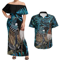 New Zealand Tui Bird Taiaha Couples Matching Off Shoulder Maxi Dress and Hawaiian Shirt Maori Weapon Paua Shell Mix Silver Fern LT14 Turquoise - Polynesian Pride