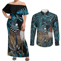 New Zealand Tui Bird Taiaha Couples Matching Off Shoulder Maxi Dress and Long Sleeve Button Shirt Maori Weapon Paua Shell Mix Silver Fern LT14 Turquoise - Polynesian Pride