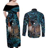 New Zealand Tui Bird Taiaha Couples Matching Off Shoulder Maxi Dress and Long Sleeve Button Shirt Maori Weapon Paua Shell Mix Silver Fern LT14 - Polynesian Pride