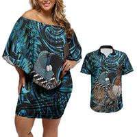 New Zealand Tui Bird Taiaha Couples Matching Off Shoulder Short Dress and Hawaiian Shirt Maori Weapon Paua Shell Mix Silver Fern LT14 Turquoise - Polynesian Pride