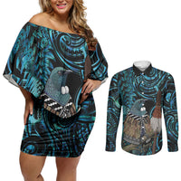 New Zealand Tui Bird Taiaha Couples Matching Off Shoulder Short Dress and Long Sleeve Button Shirt Maori Weapon Paua Shell Mix Silver Fern LT14 Turquoise - Polynesian Pride