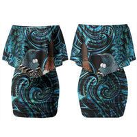 New Zealand Tui Bird Taiaha Couples Matching Off Shoulder Short Dress and Long Sleeve Button Shirt Maori Weapon Paua Shell Mix Silver Fern LT14 - Polynesian Pride