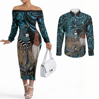 New Zealand Tui Bird Taiaha Couples Matching Off The Shoulder Long Sleeve Dress and Long Sleeve Button Shirt Maori Weapon Paua Shell Mix Silver Fern LT14 Turquoise - Polynesian Pride