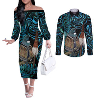New Zealand Tui Bird Taiaha Couples Matching Off The Shoulder Long Sleeve Dress and Long Sleeve Button Shirt Maori Weapon Paua Shell Mix Silver Fern