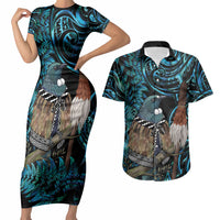 New Zealand Tui Bird Taiaha Couples Matching Short Sleeve Bodycon Dress and Hawaiian Shirt Maori Weapon Paua Shell Mix Silver Fern LT14 Turquoise - Polynesian Pride