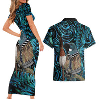 New Zealand Tui Bird Taiaha Couples Matching Short Sleeve Bodycon Dress and Hawaiian Shirt Maori Weapon Paua Shell Mix Silver Fern LT14 - Polynesian Pride
