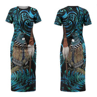 New Zealand Tui Bird Taiaha Couples Matching Short Sleeve Bodycon Dress and Long Sleeve Button Shirt Maori Weapon Paua Shell Mix Silver Fern LT14 - Polynesian Pride