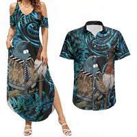 New Zealand Tui Bird Taiaha Couples Matching Summer Maxi Dress and Hawaiian Shirt Maori Weapon Paua Shell Mix Silver Fern LT14 Turquoise - Polynesian Pride