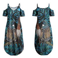 New Zealand Tui Bird Taiaha Couples Matching Summer Maxi Dress and Long Sleeve Button Shirt Maori Weapon Paua Shell Mix Silver Fern LT14 - Polynesian Pride