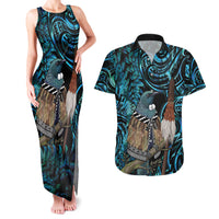 New Zealand Tui Bird Taiaha Couples Matching Tank Maxi Dress and Hawaiian Shirt Maori Weapon Paua Shell Mix Silver Fern