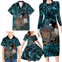 New Zealand Tui Bird Taiaha Family Matching Long Sleeve Bodycon Dress and Hawaiian Shirt Maori Weapon Paua Shell Mix Silver Fern LT14 - Polynesian Pride