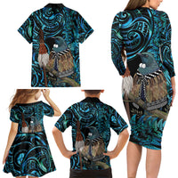 New Zealand Tui Bird Taiaha Family Matching Long Sleeve Bodycon Dress and Hawaiian Shirt Maori Weapon Paua Shell Mix Silver Fern LT14 Mom's Dress Turquoise - Polynesian Pride