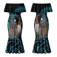 New Zealand Tui Bird Taiaha Family Matching Mermaid Dress and Hawaiian Shirt Maori Weapon Paua Shell Mix Silver Fern LT14 Mom's Dress Turquoise - Polynesian Pride