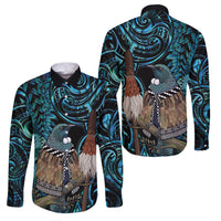 New Zealand Tui Bird Taiaha Family Matching Mermaid Dress and Hawaiian Shirt Maori Weapon Paua Shell Mix Silver Fern LT14 Dad's Shirt - Long Sleeve Turquoise - Polynesian Pride