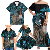 New Zealand Tui Bird Taiaha Family Matching Off Shoulder Maxi Dress and Hawaiian Shirt Maori Weapon Paua Shell Mix Silver Fern LT14 - Polynesian Pride