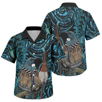 New Zealand Tui Bird Taiaha Family Matching Off Shoulder Maxi Dress and Hawaiian Shirt Maori Weapon Paua Shell Mix Silver Fern LT14 Son's Shirt Turquoise - Polynesian Pride
