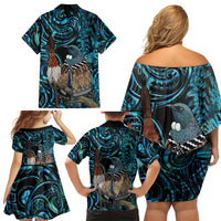 New Zealand Tui Bird Taiaha Family Matching Off Shoulder Short Dress and Hawaiian Shirt Maori Weapon Paua Shell Mix Silver Fern LT14 Mom's Dress Turquoise - Polynesian Pride