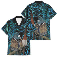 New Zealand Tui Bird Taiaha Family Matching Off Shoulder Short Dress and Hawaiian Shirt Maori Weapon Paua Shell Mix Silver Fern LT14 Dad's Shirt - Short Sleeve Turquoise - Polynesian Pride